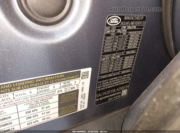 SALYK2EX9LA295539 2020 LAND ROVER RANGE ROVER VELAR Light Blue Вид подкапотного пространства