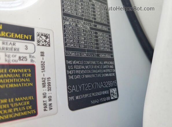 SALYT2EX7NA329915 2022 LAND ROVER RANGE White VIN კოდის სტიკერის ხედი