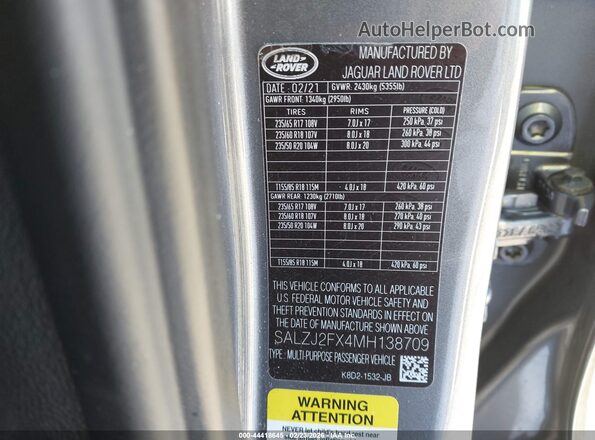 SALZJ2FX4MH138709 2021 LAND ROVER RANGE ROVER EVOQUE Gray Vista del compartimento del motor