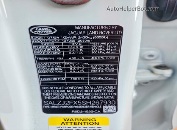 SALZJ2FX5SH267930 2025 LAND ROVER RANGE White Панорамний вид салону 360°