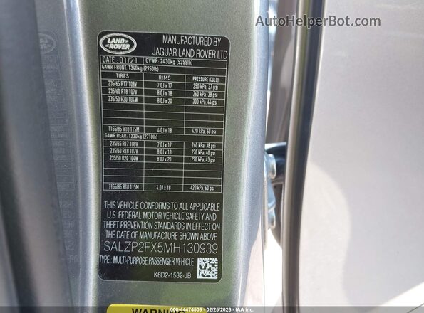 SALZP2FX5MH130939 2021 LAND ROVER RANGE ROVER EVOQUE Gray Vista del compartimento del motor