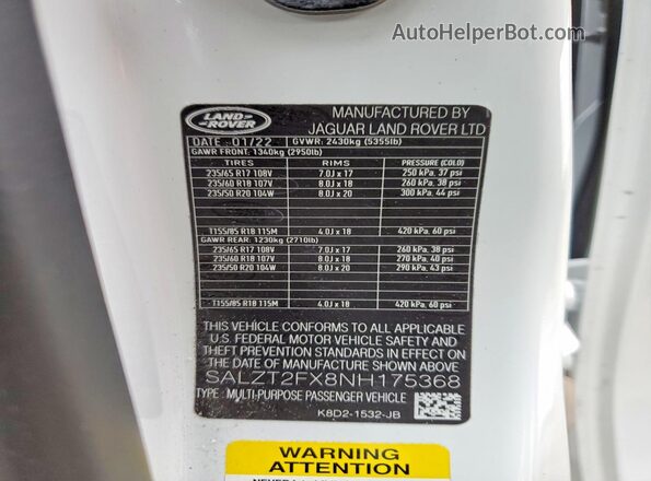 SALZT2FX8NH175368 2022 LAND ROVER RANGE White VIN კოდის სტიკერის ხედი