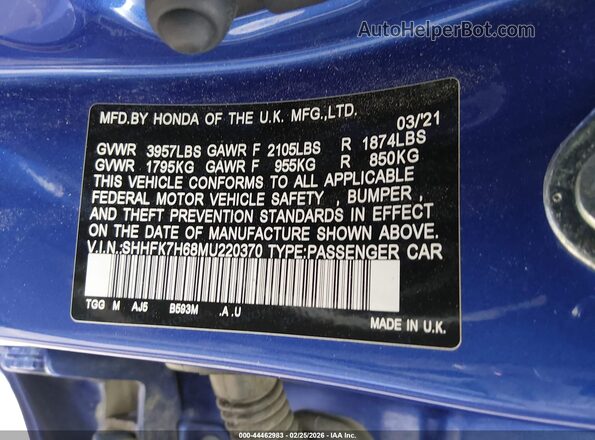 SHHFK7H68MU220370 2021 HONDA CIVIC Синий Вид подкапотного пространства