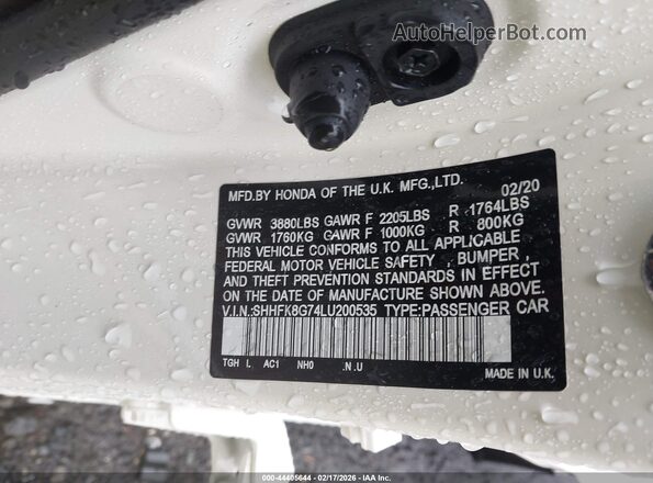 SHHFK8G74LU200535 2020 HONDA CIVIC TYPE R White ძრავის განყოფილების ხედი
