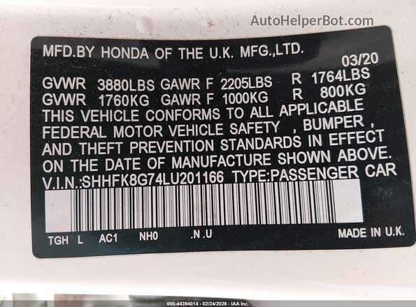 SHHFK8G74LU201166 2020 HONDA CIVIC TYPE R White Vista del compartimento del motor