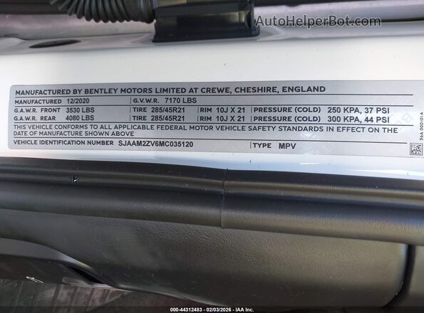 SJAAM2ZV6MC035120 2021 BENTLEY BENTAYGA Белый Вид подкапотного пространства