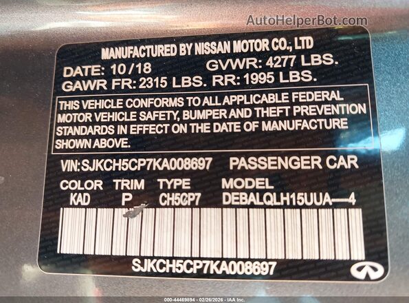SJKCH5CP7KA008697 2019 INFINITI QX30 Gray Widok komory silnika