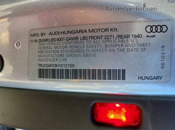 TRUC5AFV3H1012159 2017 AUDI TT Silver Շարժիչի բաժամունքի տեսք