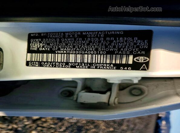 VNKKTUD30GA065180 2016 TOYOTA YARIS Белый Вид наклейки с VIN-кодом