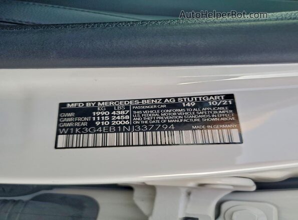 W1K3G4EB1NJ337794 2022 MERCEDES-BENZ A Белый Вид наклейки с VIN-кодом