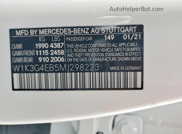W1K3G4EB5MJ298223 2021 MERCEDES-BENZ A Белый Вид наклейки с VIN-кодом