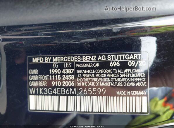 W1K3G4EB6MJ265599 2021 MERCEDES-BENZ A 220 Черный Вид подкапотного пространства