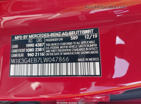 W1K3G4EB7LW047866 2020 MERCEDES-BENZ A 220 Red Vista del compartimento del motor