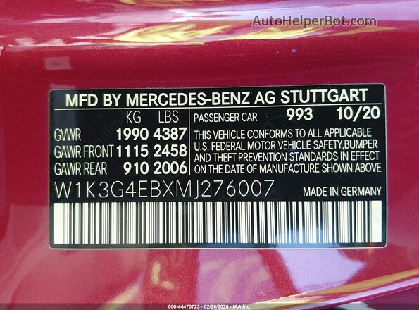 W1K3G4EBXMJ276007 2021 MERCEDES-BENZ A 220 Red Вид підкапотного простору