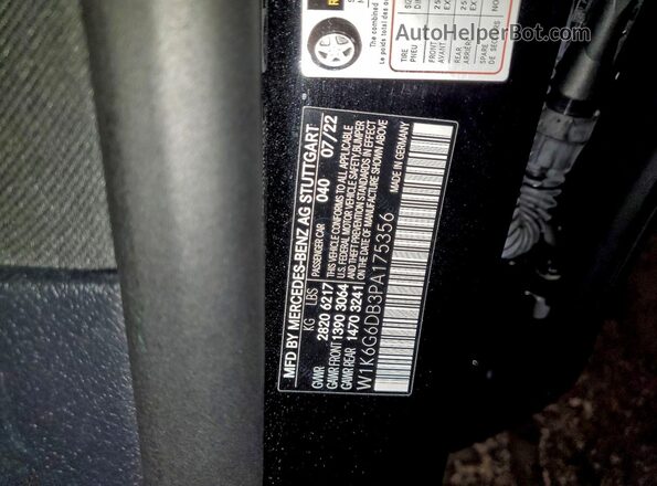 W1K6G6DB3PA175356 2023 MERCEDES-BENZ S Черный Вид наклейки с VIN-кодом
