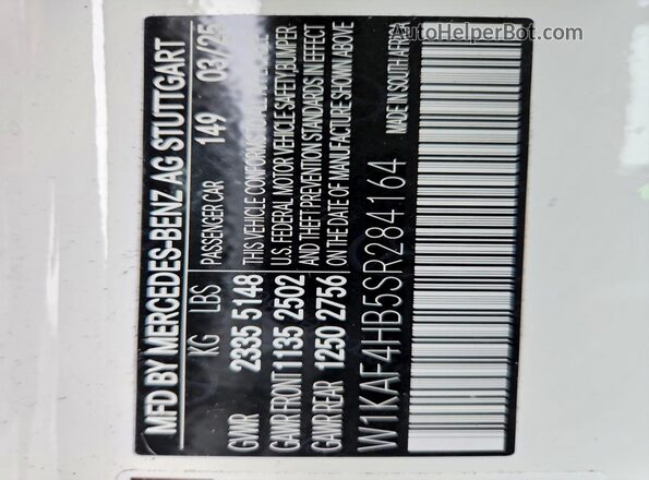 W1KAF4HB5SR284164 2025 MERCEDES-BENZ C White Вид наклейки з VIN-кодом