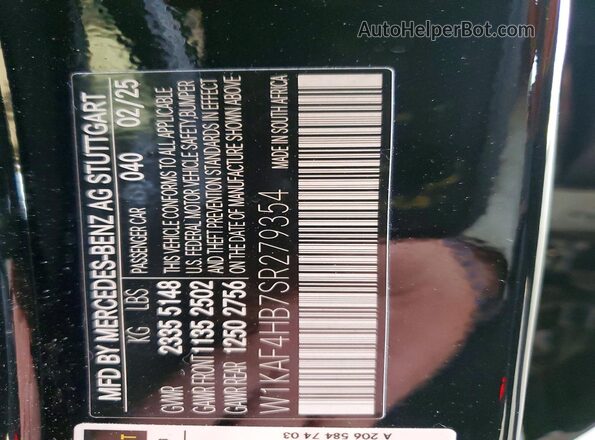 W1KAF4HB7SR279354 2025 MERCEDES-BENZ C Black Widok naklejki z numerem VIN