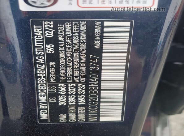 W1KCG2DB8NA013747 2022 MERCEDES-BENZ EQS Синий Вид наклейки с VIN-кодом