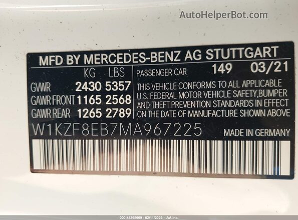 W1KZF8EB7MA967225 2021 MERCEDES-BENZ E-CLASS White Widok komory silnika