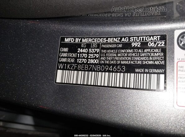 W1KZF8EB7NB094653 2022 MERCEDES-BENZ E-CLASS Gray Вид підкапотного простору