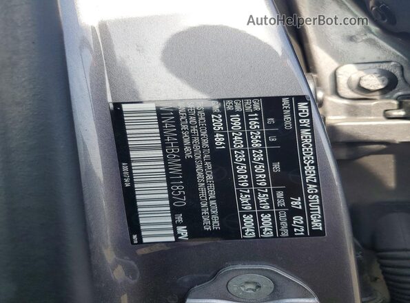 W1N4M4HB6MW118570 2021 MERCEDES-BENZ GLB-CLASS Серый Вид наклейки с VIN-кодом
