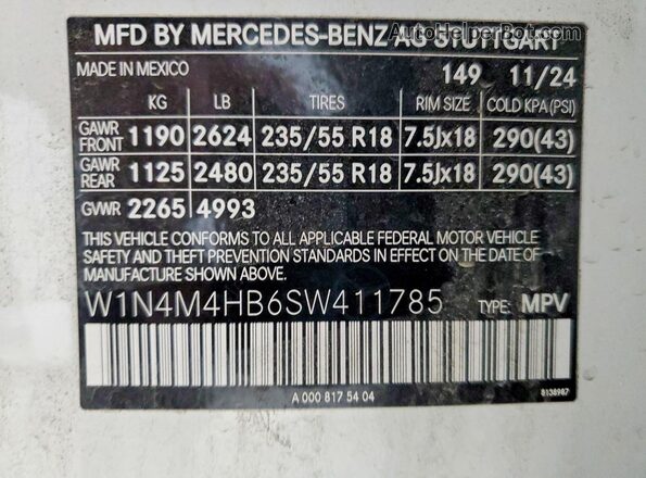 W1N4M4HB6SW411785 2025 MERCEDES-BENZ GLB-CLASS Белый Панорамный вид салона 360°