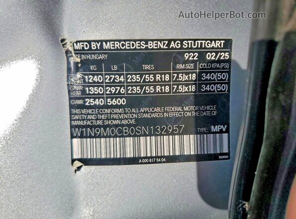 W1N9M0CB0SN132957 2025 MERCEDES-BENZ EQB Серебряный Панорамный вид салона 360°