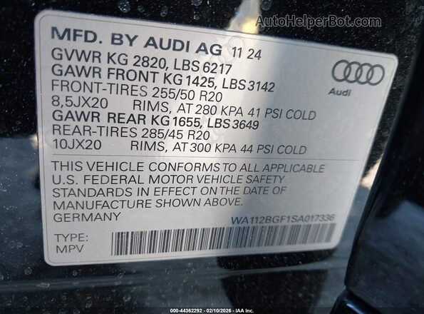 WA112BGF1SA017336 2025 AUDI Q6 E-TRON Black Вид підкапотного простору
