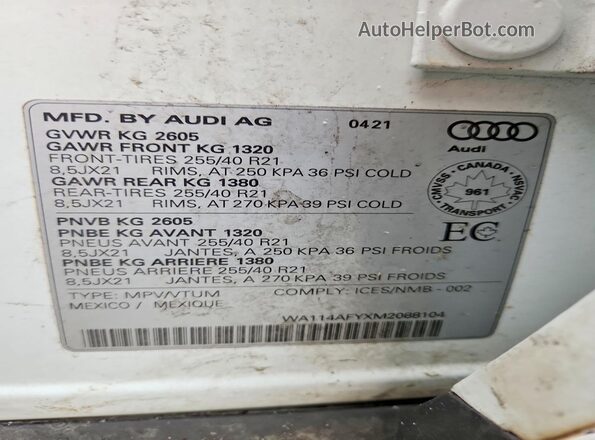 WA114AFYXM2088104 2021 AUDI SQ5 Белый Вид наклейки с VIN-кодом