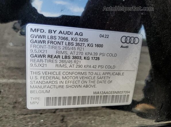 WA12AAGE5NB037094 2022 AUDI E-TRON Черный Панорамный вид салона 360°
