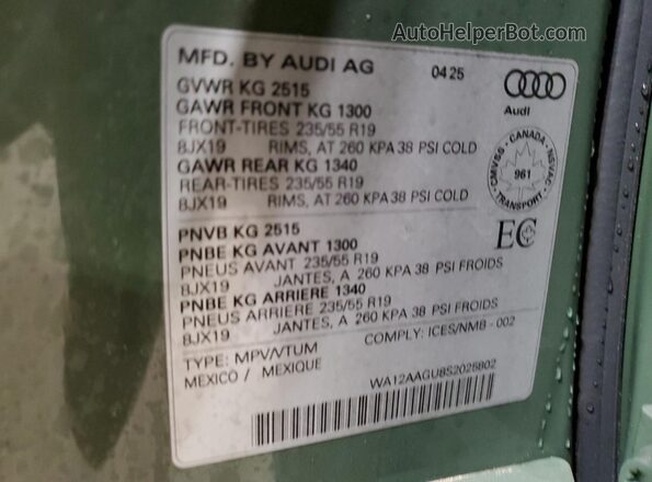WA12AAGU8S2025802 2025 AUDI Q5 Зеленый Вид наклейки с VIN-кодом