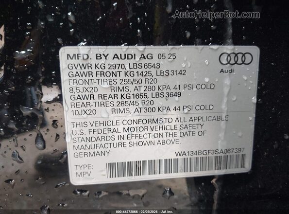 WA134BGF3SA067397 2025 AUDI Q6 E-TRON Черный Вид подкапотного пространства