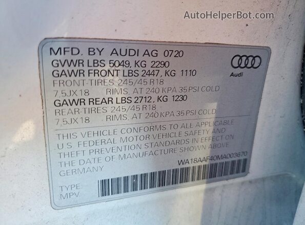 WA18AAF40MA003670 2021 AUDI OTHER Белый Вид подкапотного пространства