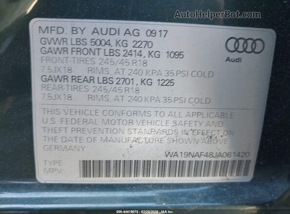 WA19NAF48JA061420 2018 AUDI OTHER Green ძრავის განყოფილების ხედი