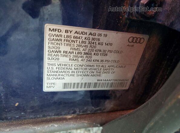 WA1AAAF73KD045242 2019 AUDI Q7 Синий Вид наклейки с VIN-кодом
