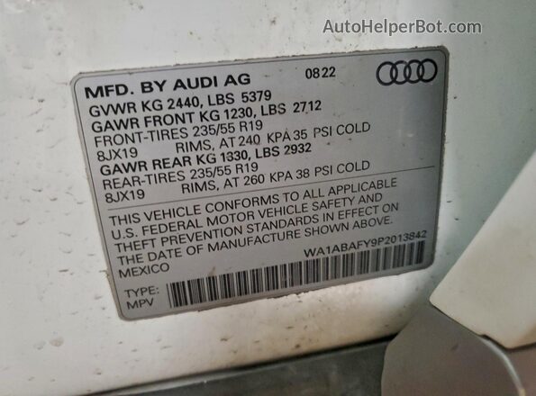 WA1ABAFY9P2013842 2023 AUDI Q5 Белый Панорамный вид салона 360°