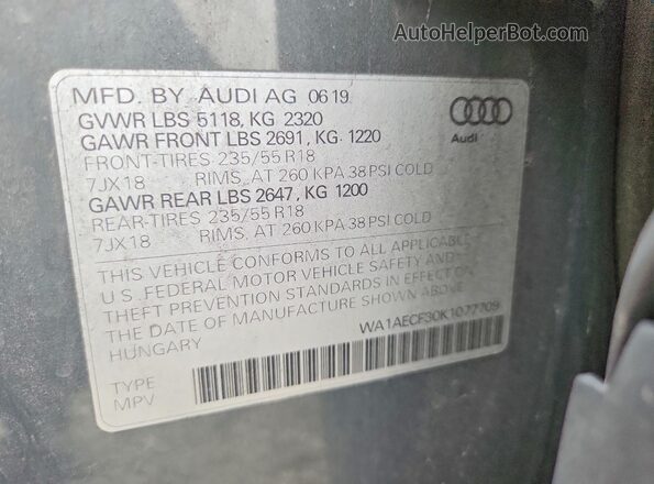 WA1AECF30K1077709 2019 AUDI Q3 Серый Вид наклейки с VIN-кодом