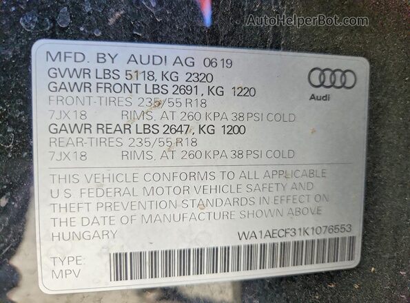 WA1AECF31K1076553 2019 AUDI Q3 Черный Вид наклейки с VIN-кодом