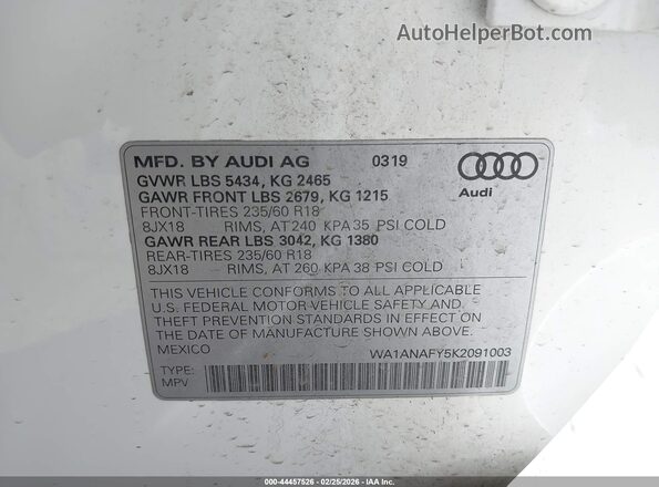 WA1ANAFY5K2091003 2019 AUDI Q5 White ძრავის განყოფილების ხედი