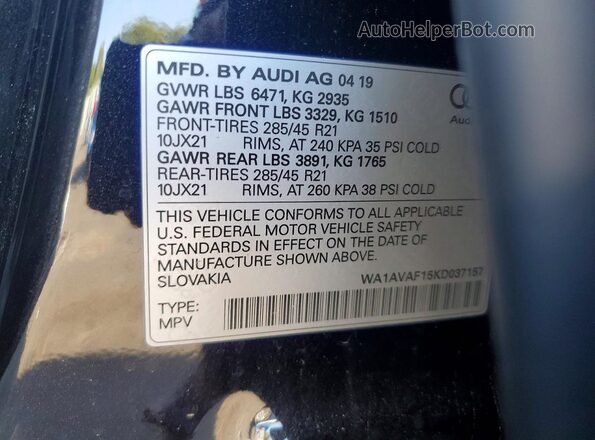 WA1AVAF15KD037157 2019 AUDI Q8 Black VIN კოდის სტიკერის ხედი
