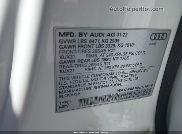 WA1AVBF16ND016375 2022 AUDI Q8 Белый Вид подкапотного пространства