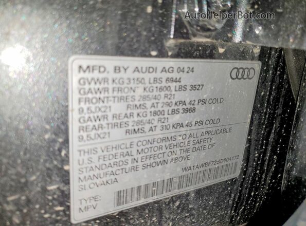 WA1AWBF72SD004172 2025 AUDI SQ7 Серый Вид наклейки с VIN-кодом