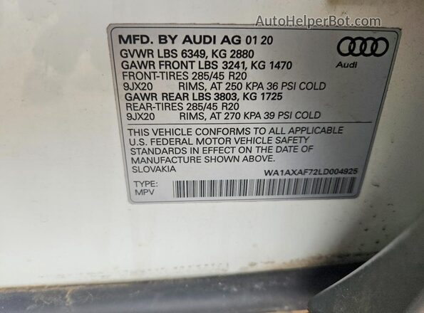 WA1AXAF72LD004925 2020 AUDI Q7 White Вид наклейки з VIN-кодом