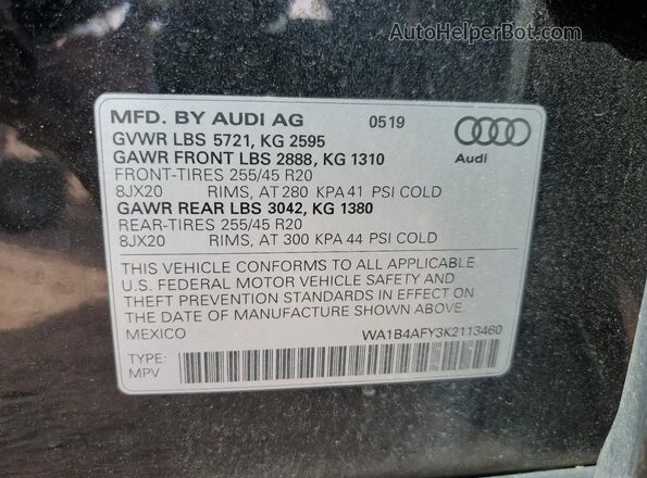 WA1B4AFY3K2113460 2019 AUDI SQ5 Черный Вид наклейки с VIN-кодом