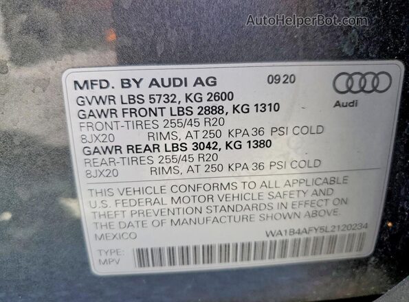 WA1B4AFY5L2120234 2020 AUDI SQ5 Gray Панорамний вид салону 360°