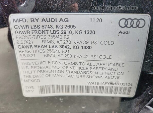 WA1B4AFY5M2032124 2021 AUDI SQ5 Черный Вид наклейки с VIN-кодом