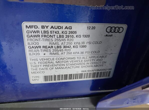 WA1B4AFY9M2042199 2021 AUDI SQ5 Dark Blue Вид подкапотного пространства