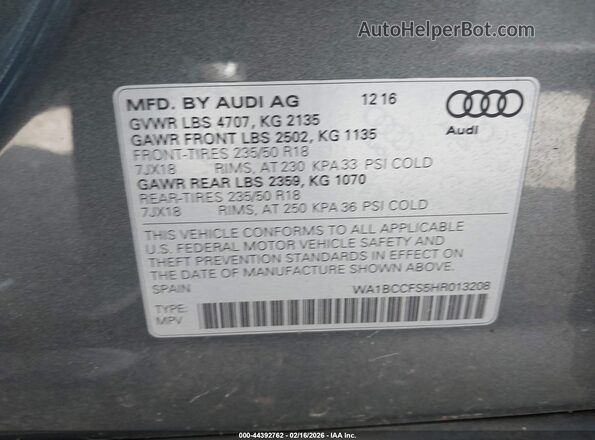 WA1BCCFS5HR013208 2017 AUDI Q3 Серый Вид подкапотного пространства