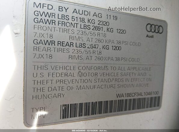 WA1BECF34L1046100 2020 AUDI Q3 White Vista del compartimento del motor