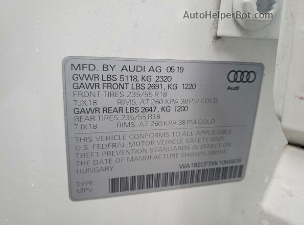WA1BECF3XK1066835 2019 AUDI Q3 White Vista de la etiqueta del VIN